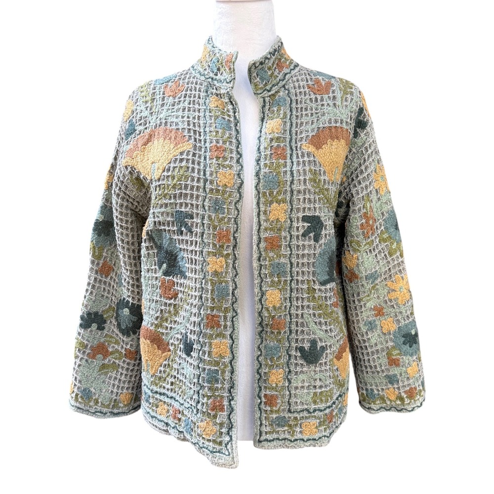 Artisan Womens S Gray Floral Embroidered Cotton Linen Reversible Jacket Boho